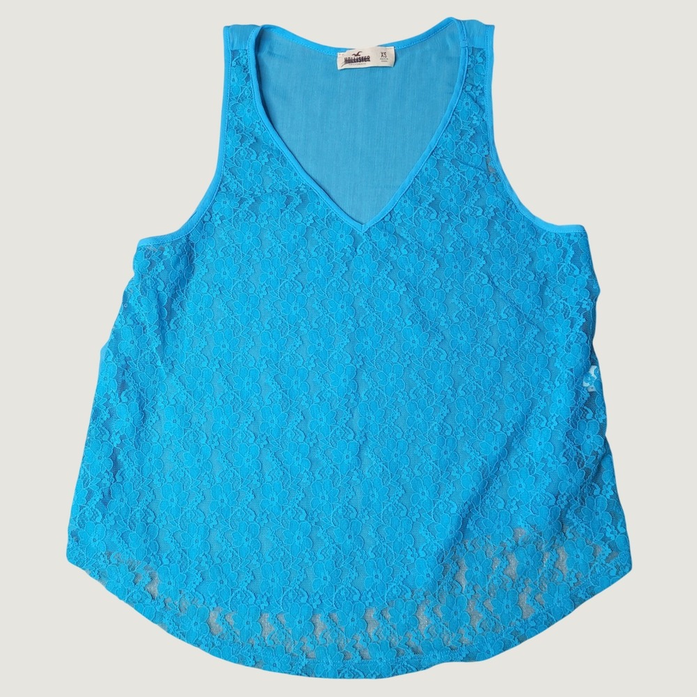 Hollister Juniors XS Turquoise Blue Floral Lace V-Neck Sheer Mesh Back Tank Top